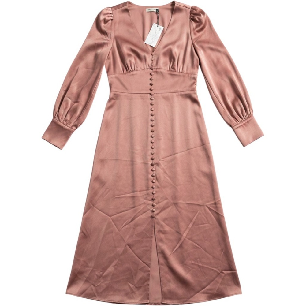 Lichi‎ Satin Midi Dress Large Terracotta Puff Sleeve Button Front Elegant Chic
